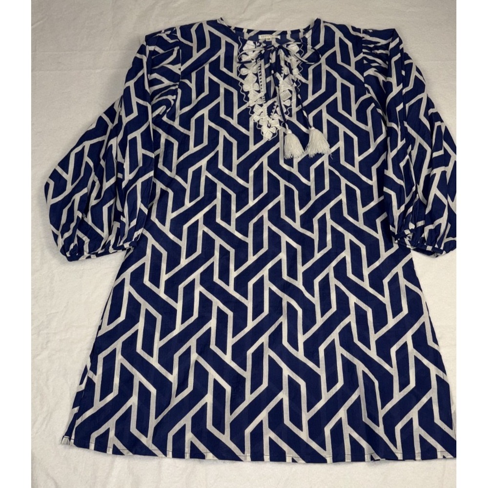 South Beach Debbie Katz Cover-up Dress M Blue Boho Cotton Tassel Embroidered